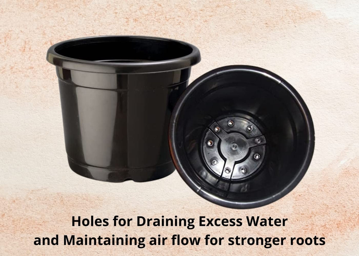 GoHooked black plastic nursery pots with drainage holes for improved airflow and root health. Set of 21.