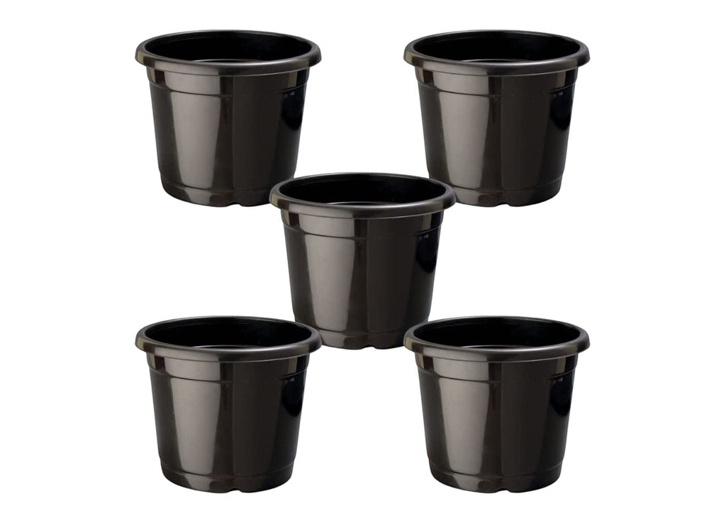 GoHooked 5 black plastic nursery pots with drainage holes, ideal for seedlings and indoor/outdoor plants.