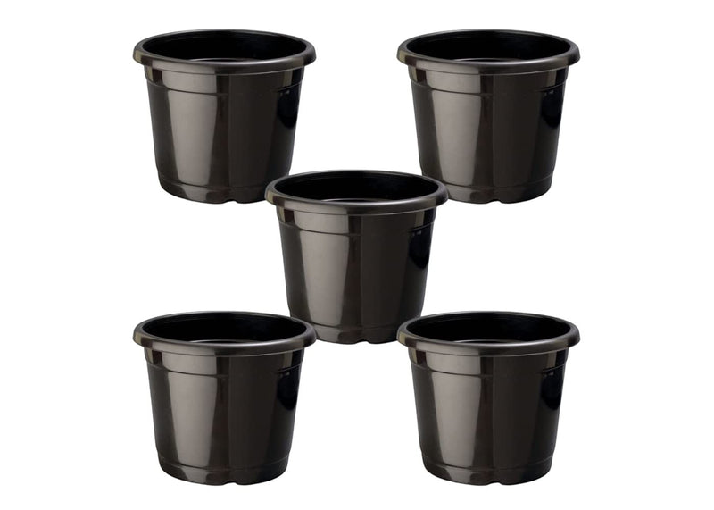 GoHooked 5 black plastic nursery pots with drainage holes, ideal for seedlings and indoor/outdoor plants.