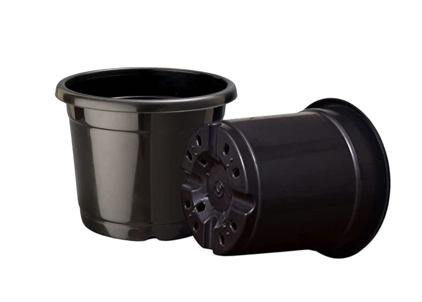 GoHooked black plastic nursery pots with drainage holes, ideal for seedlings and indoor/outdoor plants.