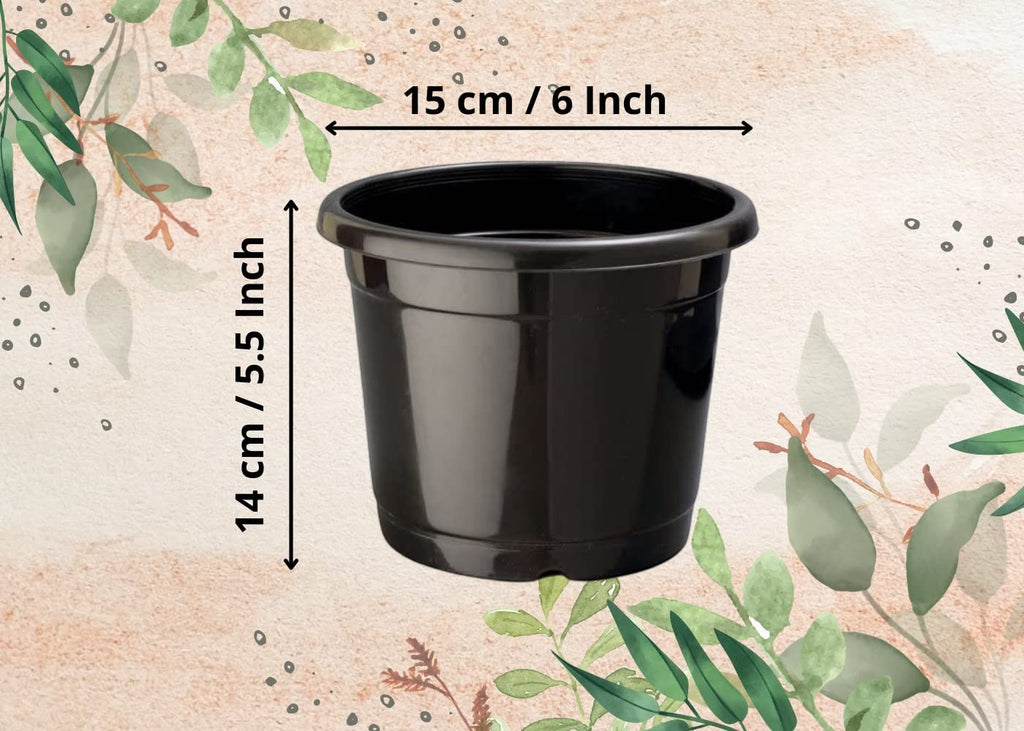 GoHooked black plastic plant pot, 6-inch diameter, 5.5-inch height, with drainage holes for seedlings and indoor/outdoor use.