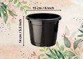 GoHooked black plastic plant pot, 6-inch diameter, 5.5-inch height, with drainage holes for seedlings and indoor/outdoor use.