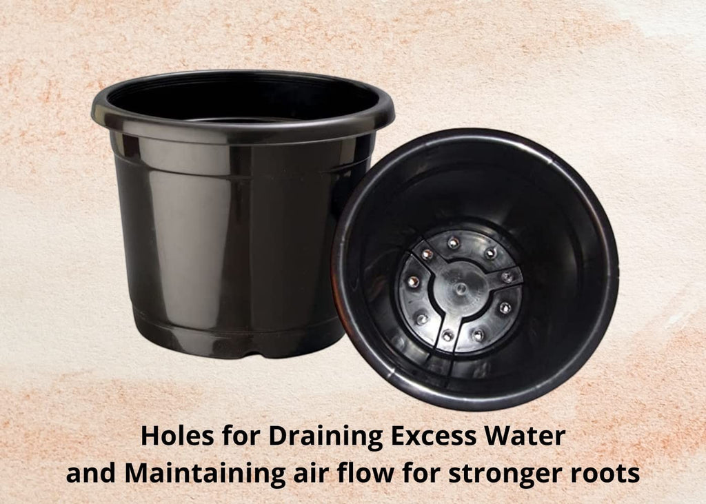 GoHooked black plastic plant pots with drainage holes for seedlings and indoor/outdoor use.