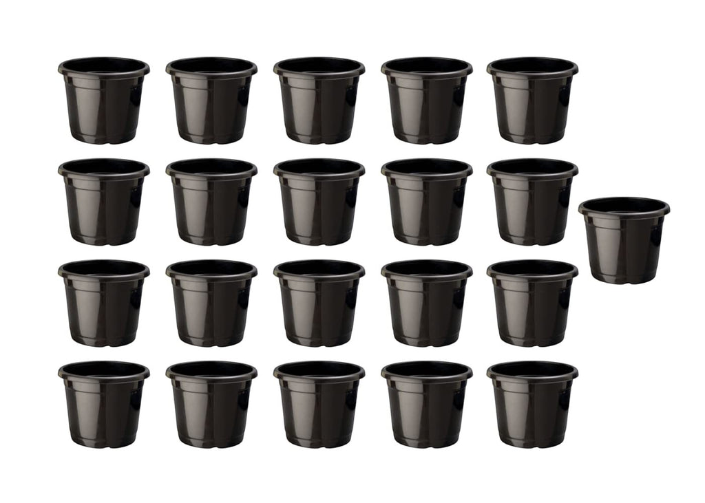 GoHooked 21 black plastic seedling pots with drainage holes, ideal for indoor/outdoor gardening.