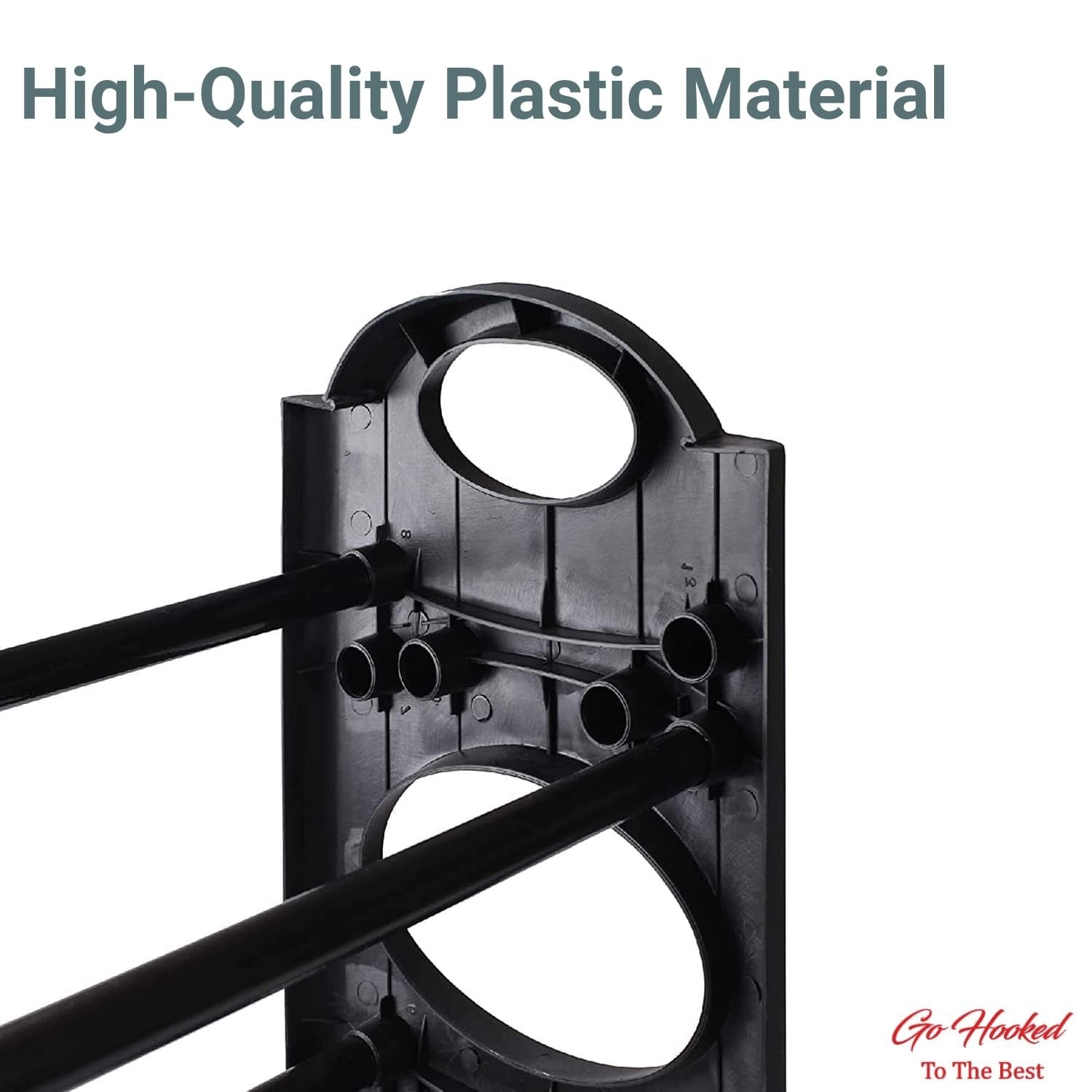 Go Hooked black 4-tier plastic shoe rack with metal pipes, easy assembly and space-saving design.