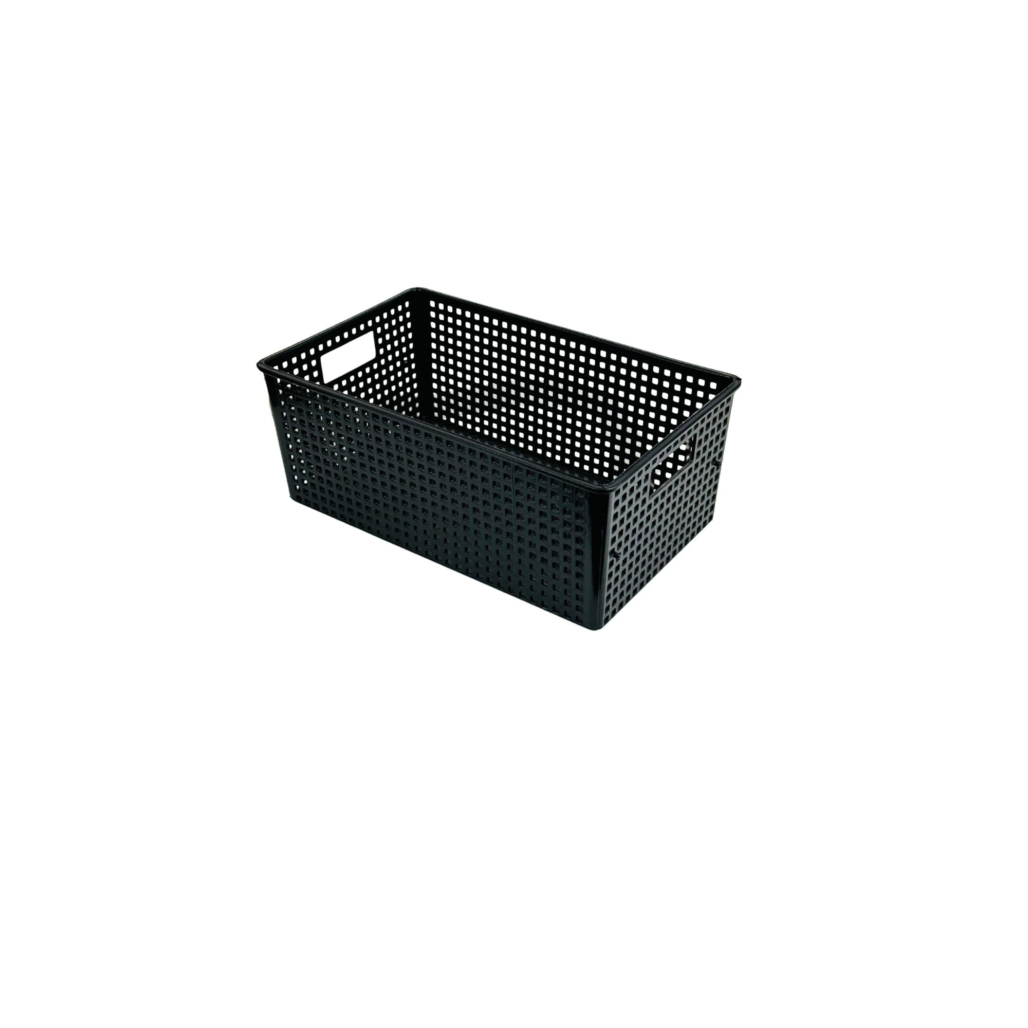 Go Hooked black plastic storage basket with cut-out handles and perforated sides, ideal for cosmetics, office, or bathroom organization.