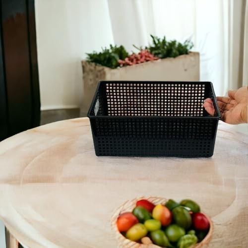 GoHooked black plastic storage basket with handles, perforated design, ideal for cosmetics, office, or fruit.