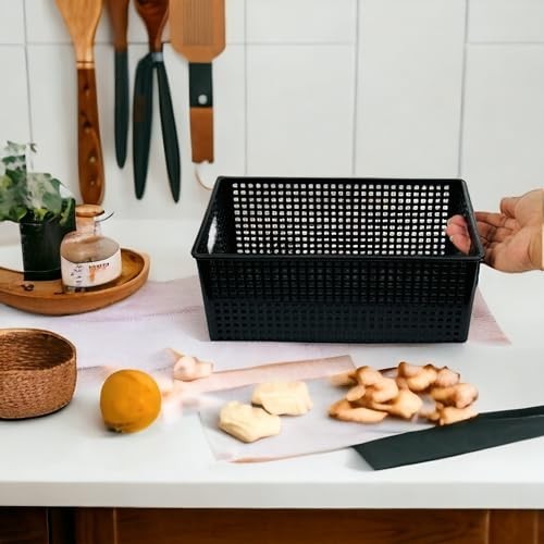 Go Hooked black plastic multipurpose storage basket with perforated sides and handles, ideal for kitchen or office.