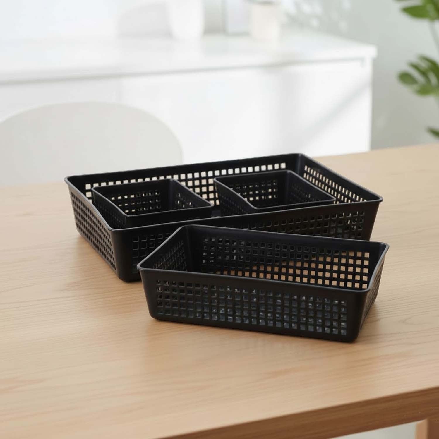 GoHooked 4-piece black plastic storage basket set with ventilated grid design for home and office organization