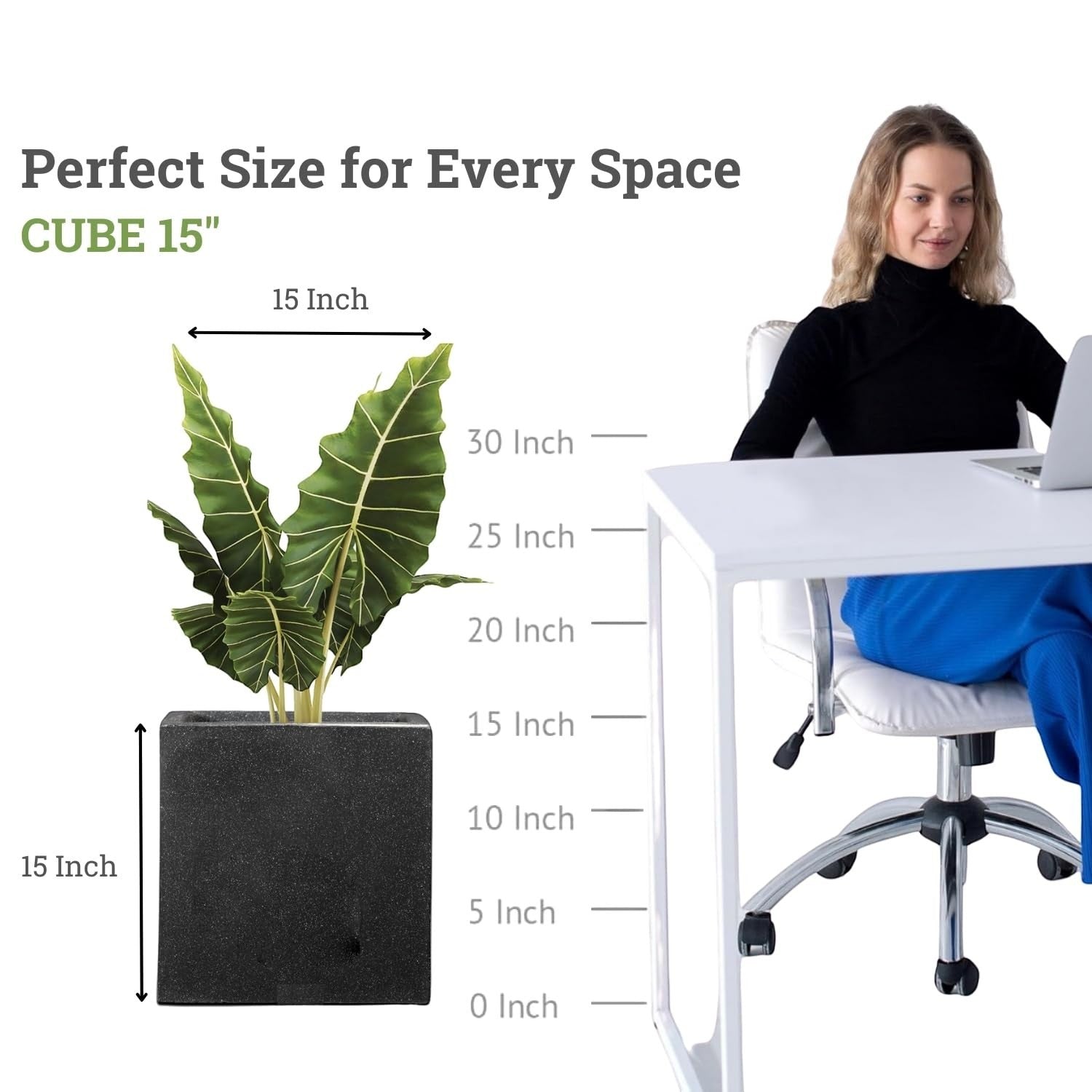 GoHooked 15-inch black polymer cube planter with a modern design, perfect for indoor or outdoor use.