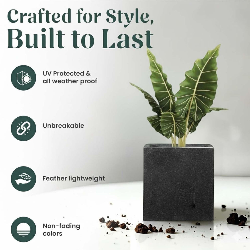 GoHooked 15-inch black polymer cube planter, modern, lightweight, unbreakable, UV protected, and fade-proof.