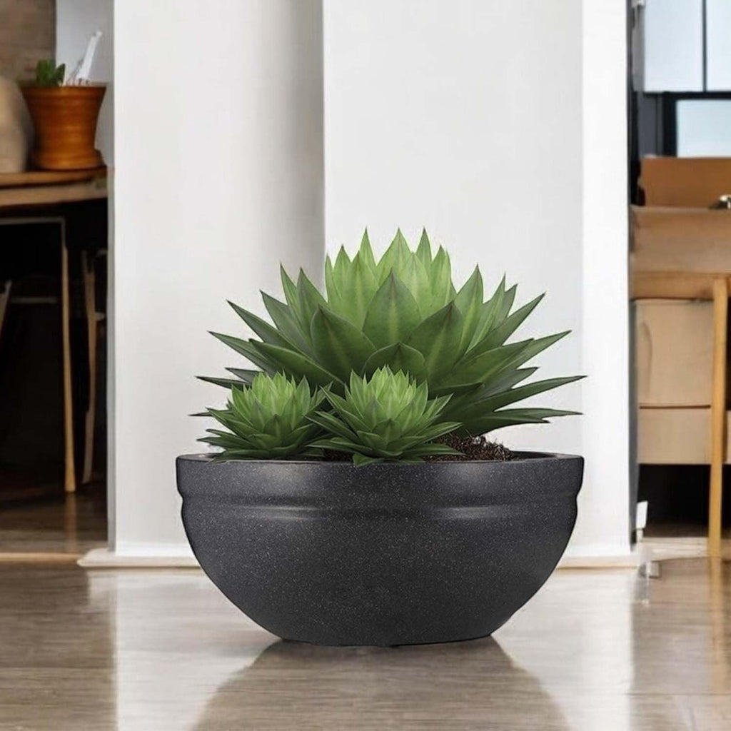 GoHooked black polymer lotus bowl planter with drainage, 31 inch, for indoor/outdoor use.