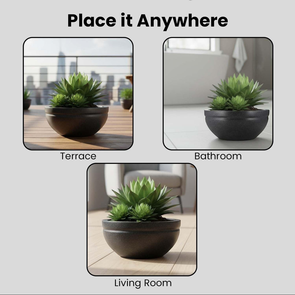 GoHooked black polymer lotus bowl planter with drainage, 31 inch, for indoor/outdoor use.