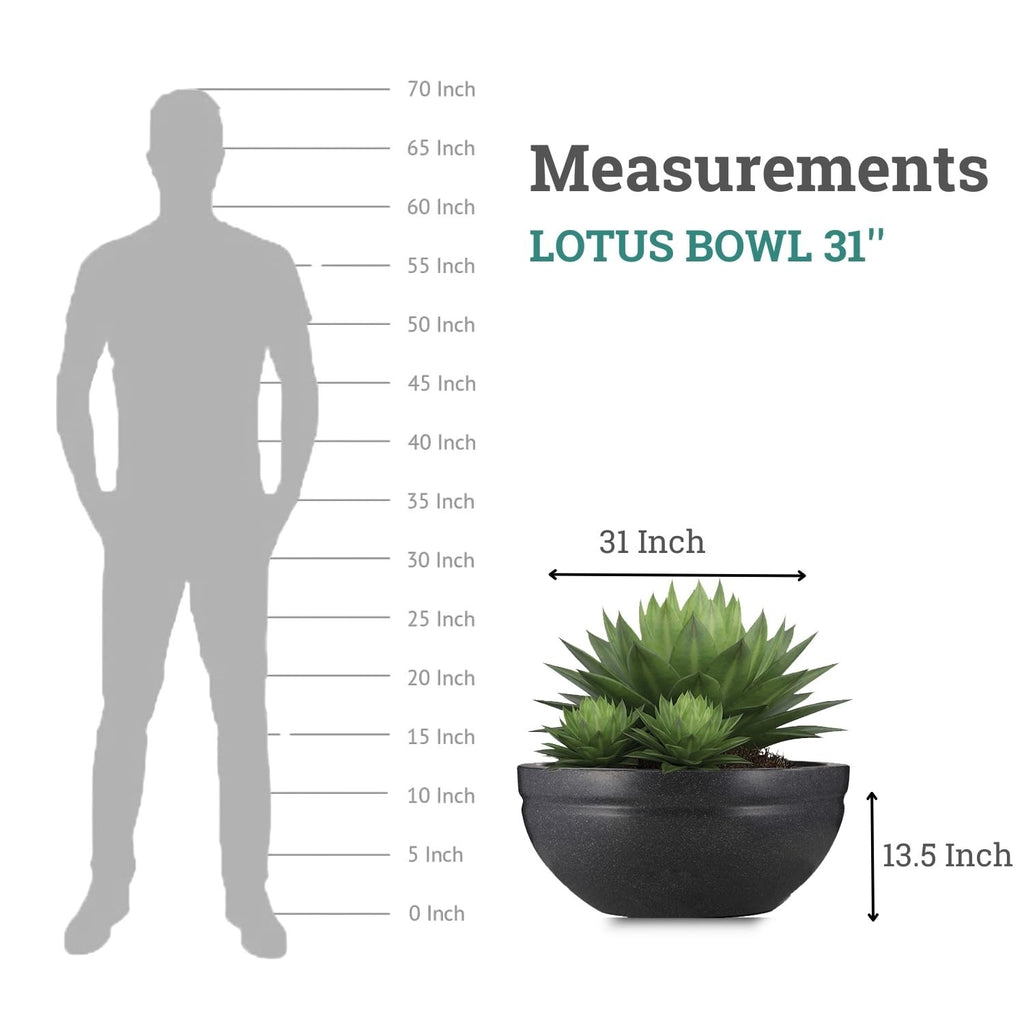 GoHooked black polymer lotus bowl planter, 31 inch diameter, 13.5 inch height, with drainage option.