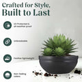GoHooked black polymer lotus bowl planter with drainage for indoor/outdoor use. Weather-resistant, lightweight.