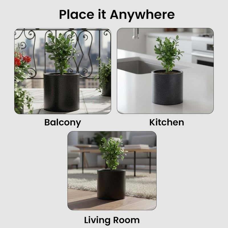 GoHooked black 12-inch round polymer planter with drainage hole, shown on a balcony, kitchen counter, and living room floor.