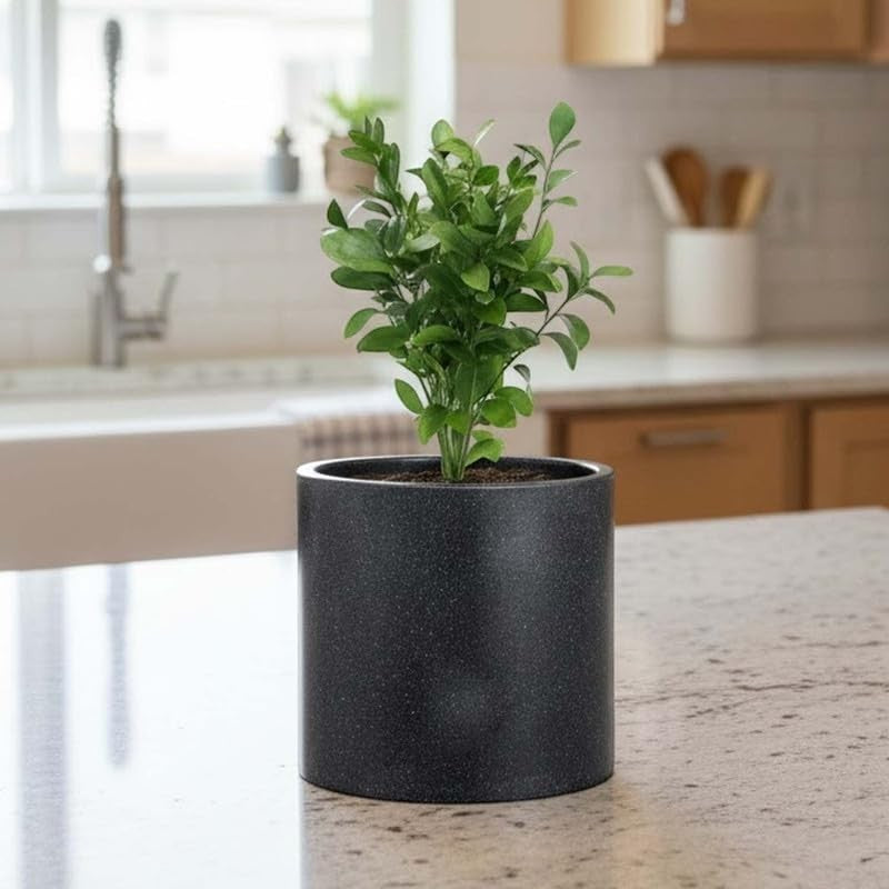 GoHooked 12-inch black speckled polymer round planter with drainage hole, perfect for indoor or outdoor plants.