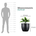 Go Hooked Pluto Pot, 20-inch black polymer planter with a modern round design and drainage hole. Shown next to a height chart.