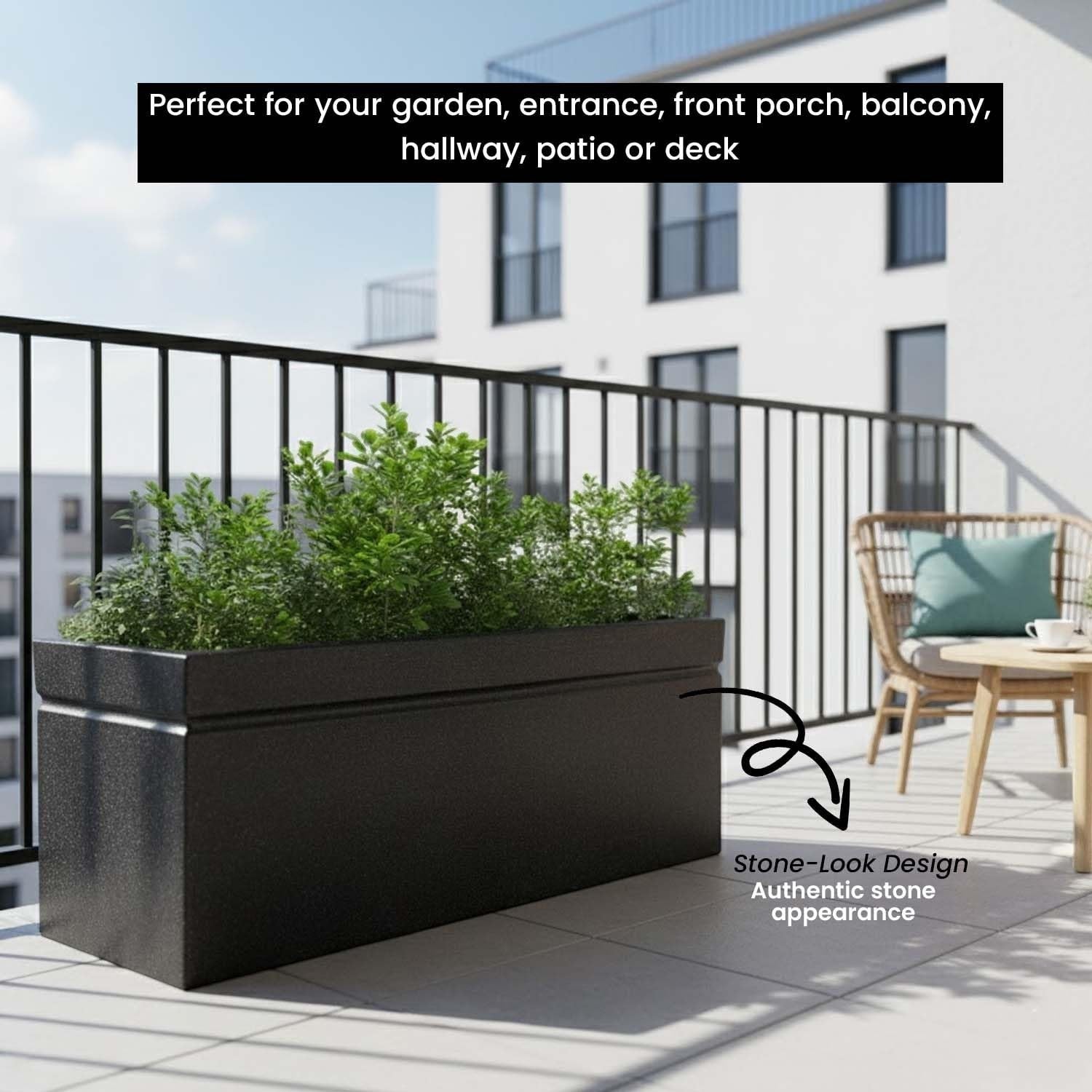 GoHooked black polymer rectangular planter pot with modern design and stone-look finish, 36x14 inches.