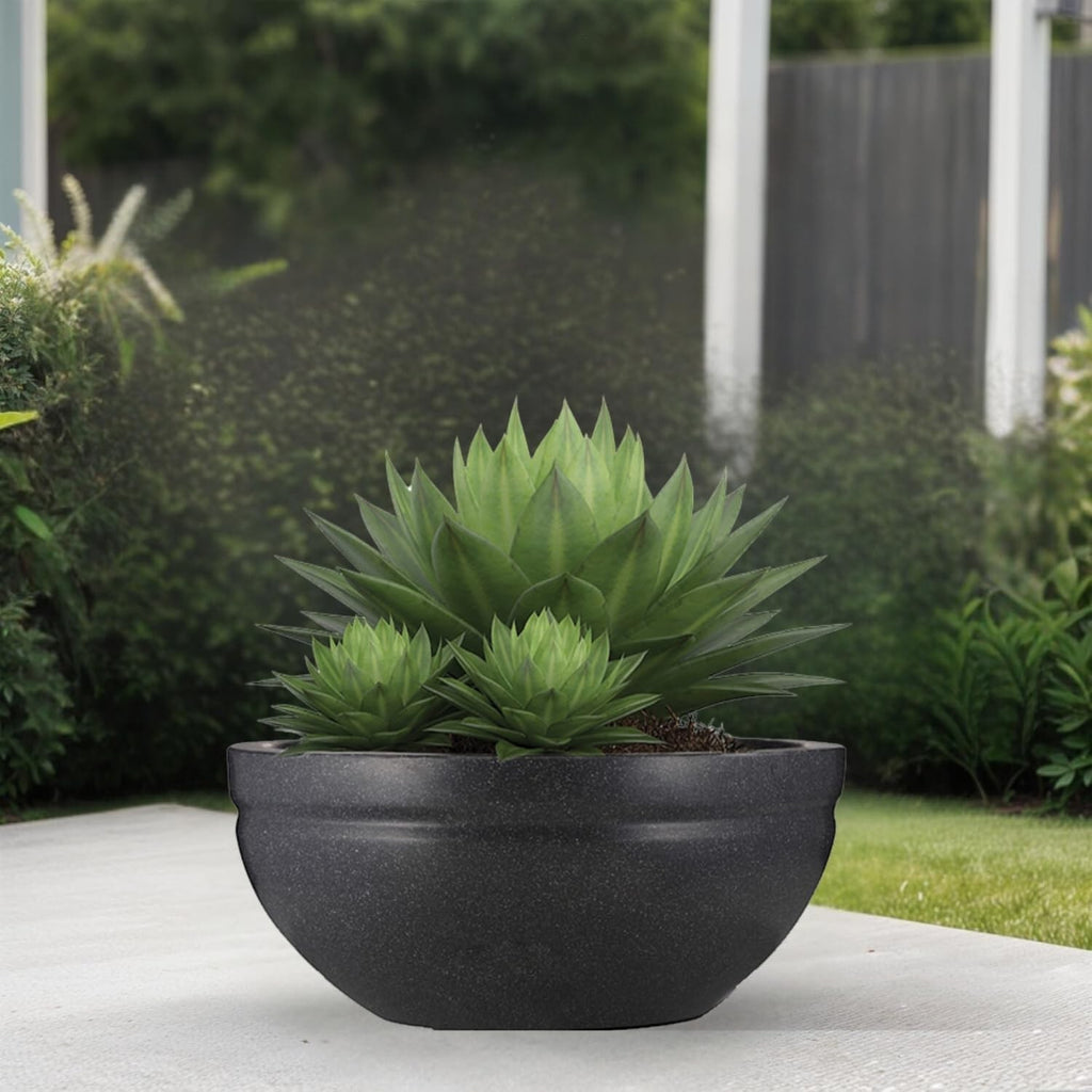 GoHooked black polymer lotus bowl planter with drainage option, 31 inch, for indoor/outdoor use.