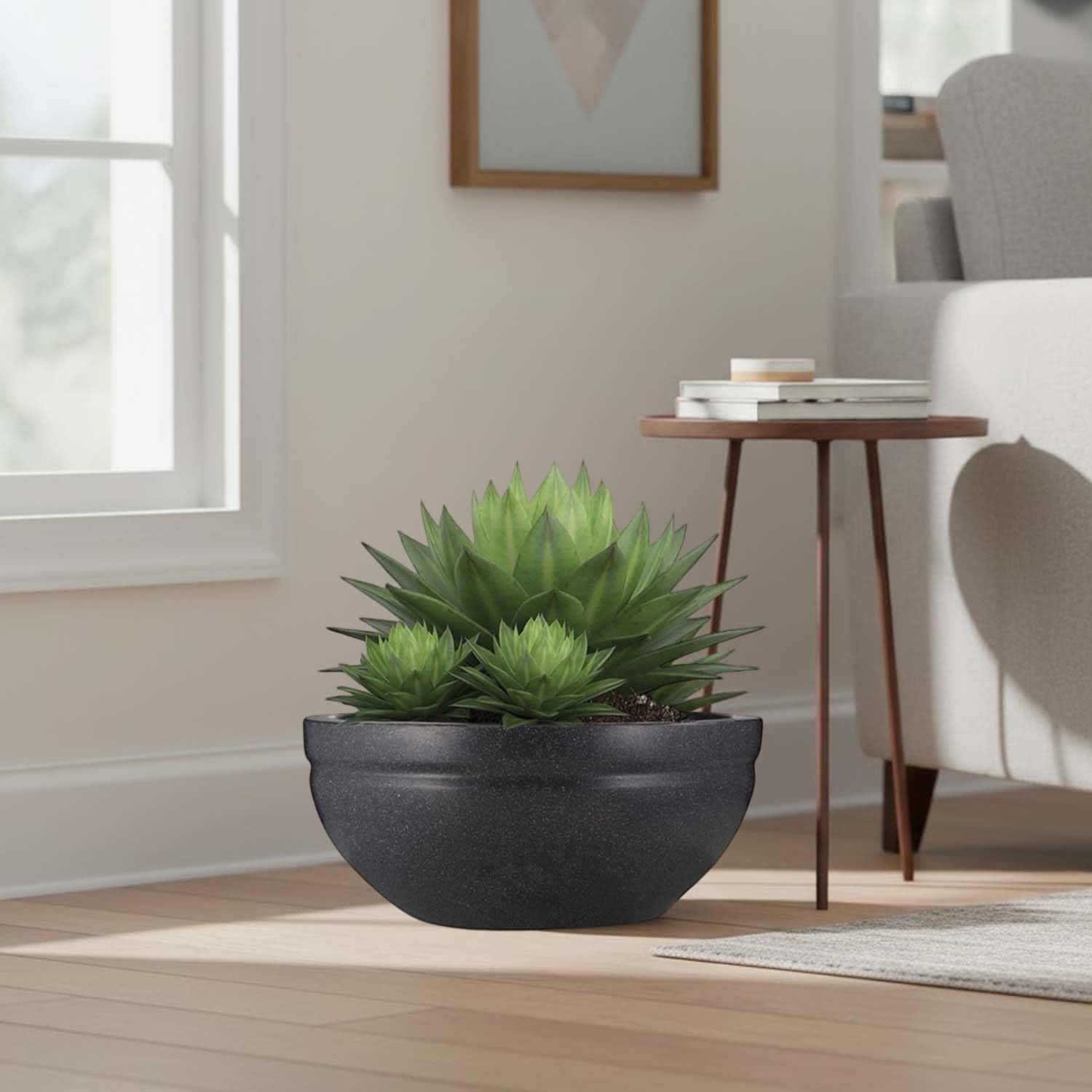 GoHooked black polymer lotus bowl planter with drainage option, 31 inch, for indoor/outdoor use.