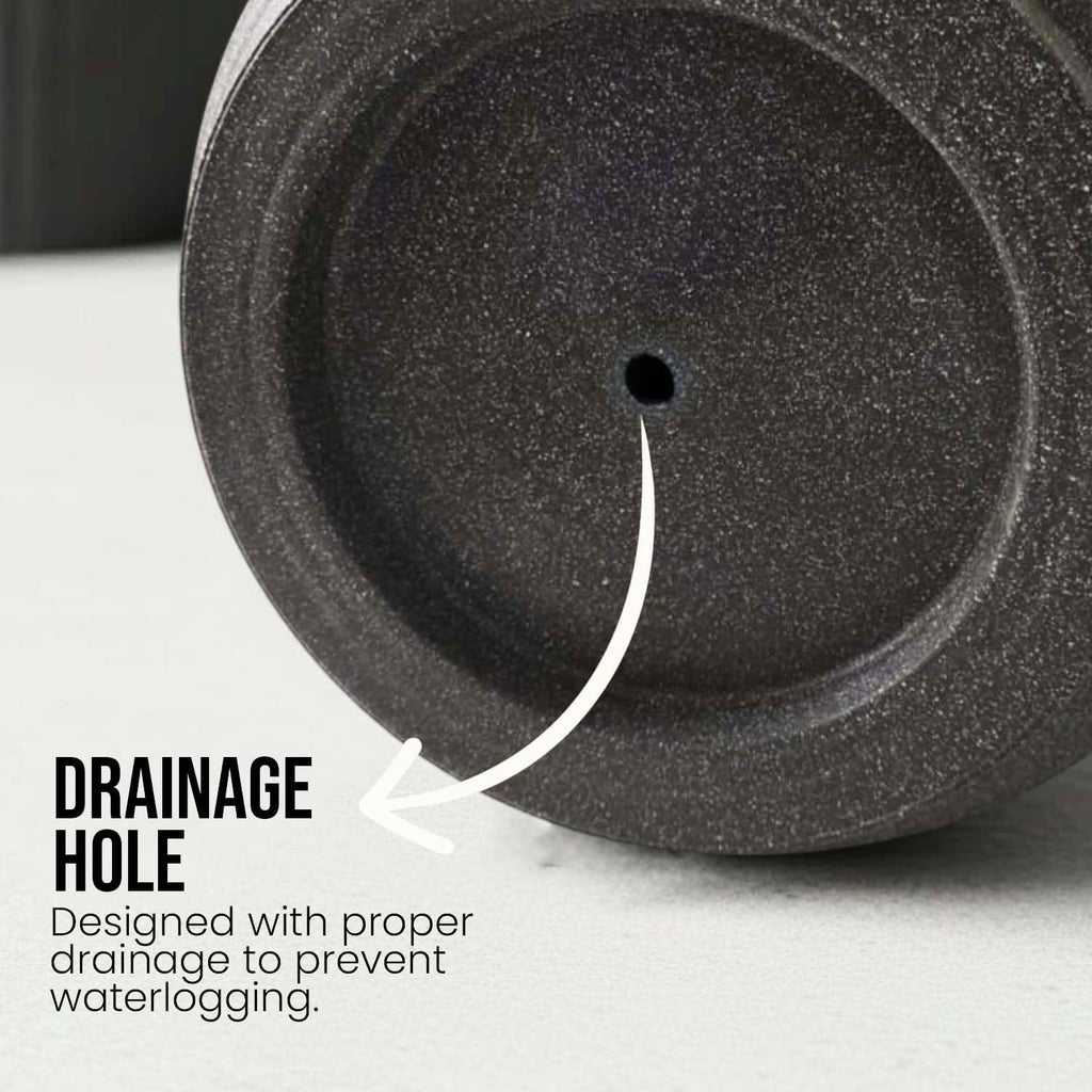 GoHooked black polymer planter with drainage hole, 31 inch size, suitable for indoor/outdoor use.