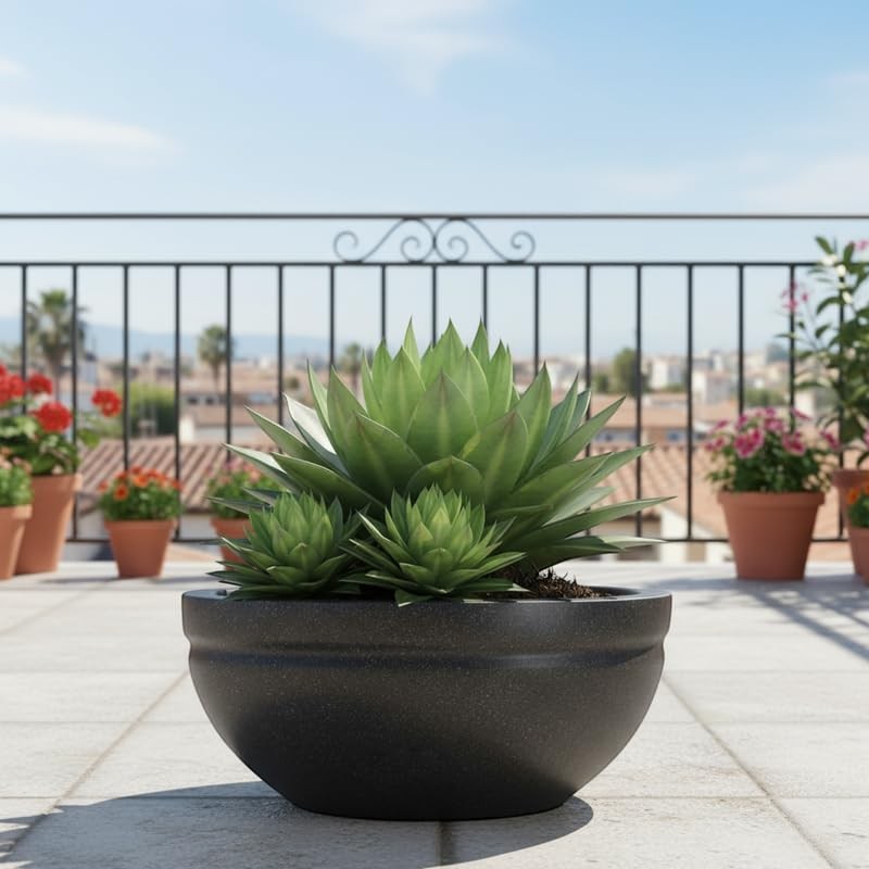 GoHooked black polymer lotus bowl planter with drainage, ideal for indoor or outdoor plants.