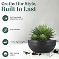GoHooked black polymer lotus bowl planter with drainage option, 18 inch, UV protected, lightweight, and unbreakable.