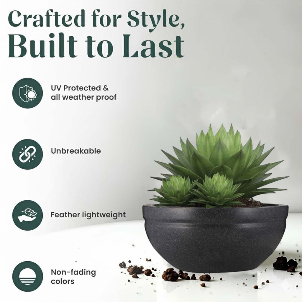 GoHooked black polymer lotus bowl planter with drainage option, 31 inch, lightweight, weather-resistant.