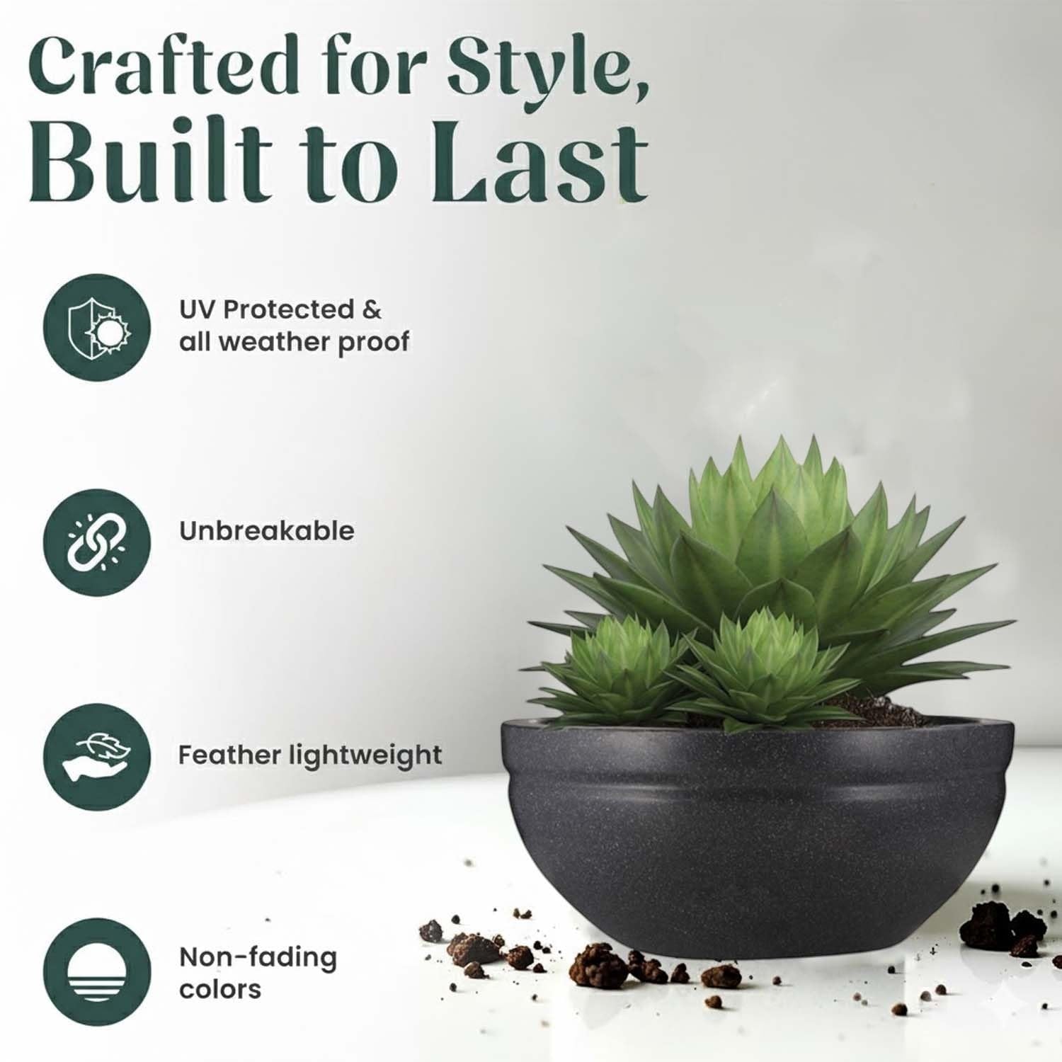 GoHooked black polymer lotus bowl planter with drainage option, 31 inch, lightweight, weather-resistant.