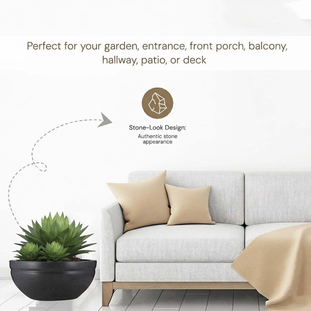 GoHooked black polymer lotus bowl planter with stone-look design, perfect for indoor or outdoor plants.