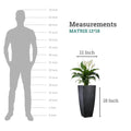 GoHooked black polymer Matrix planter, 12x18 inches, square shape, with a peace lily plant. Scale graphic shows planter height.