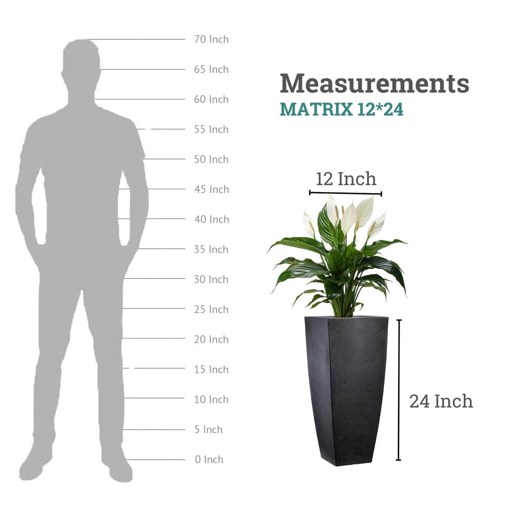 GoHooked black polymer Matrix planter, 12x24 inches, square modern design with a peace lily plant.