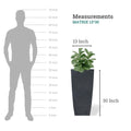 GoHooked black polymer Matrix planter, 30 inches tall and 13 inches wide, with a modern square design. Shown next to a silhouette for scale.