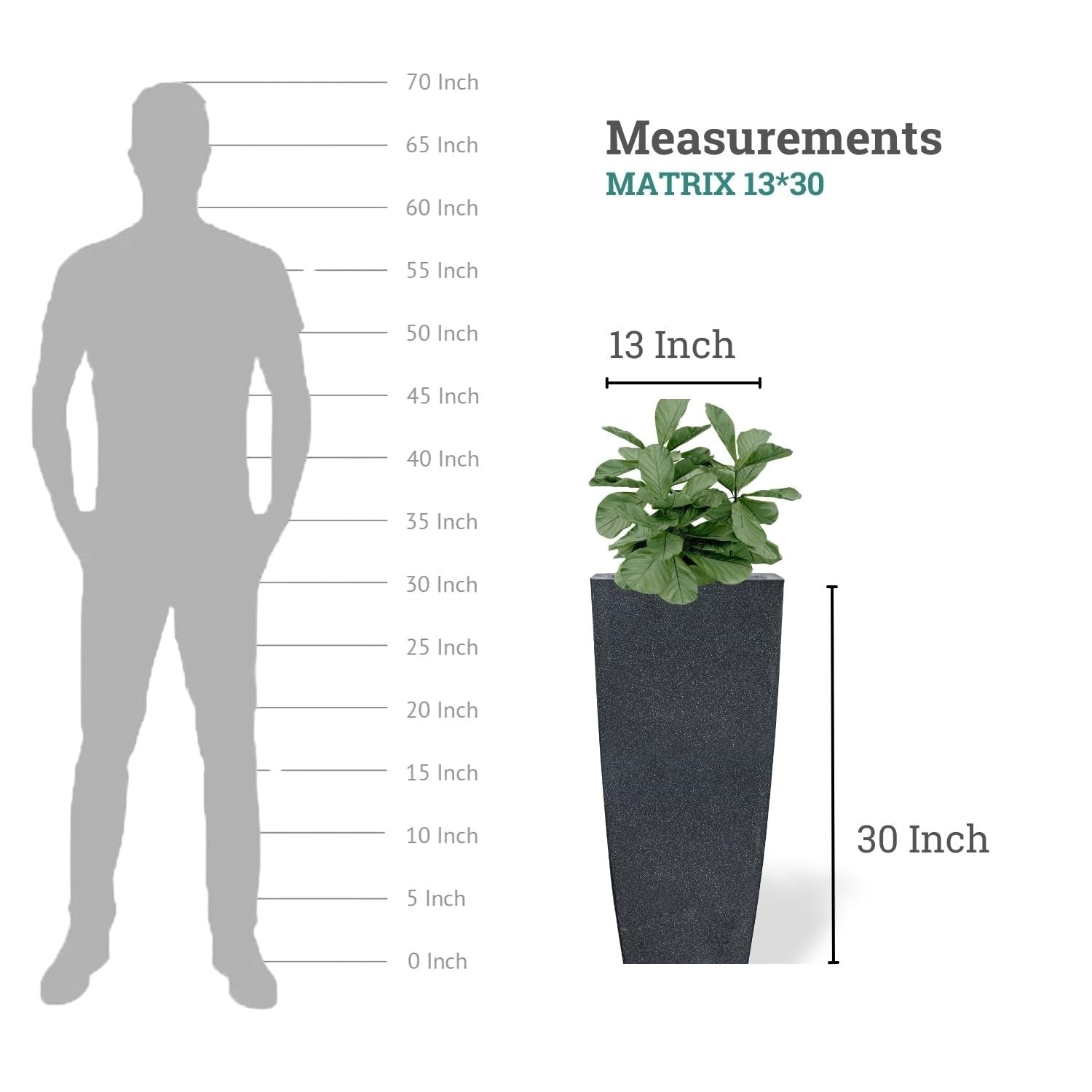 GoHooked black polymer Matrix planter, 30 inches tall and 13 inches wide, with a modern square design. Shown next to a silhouette for scale.