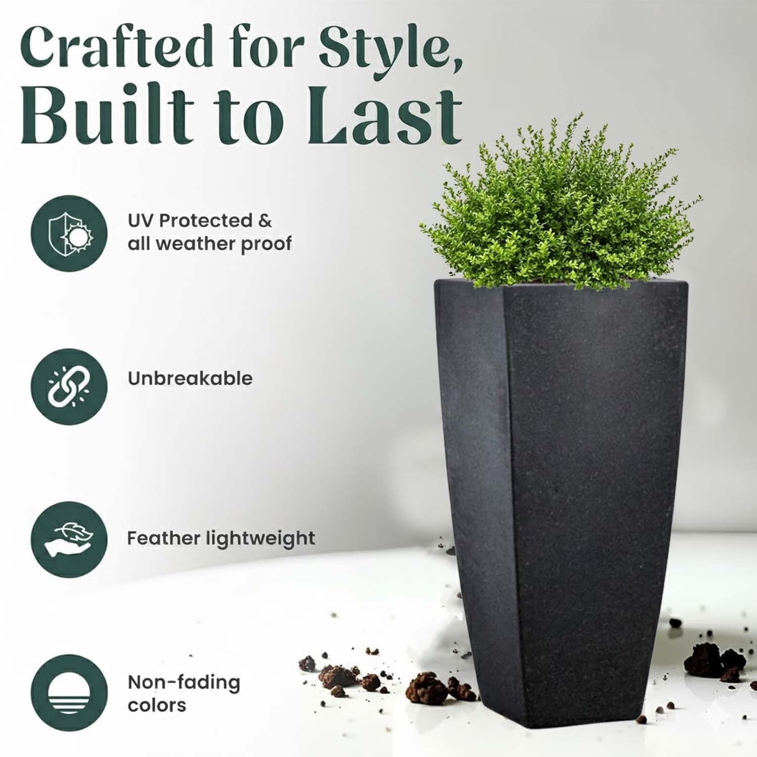 GoHooked black polymer tall square planter with a modern design, featuring UV protection and all-weather durability.