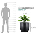 Go Hooked Pluto Pot, a 22-inch black polymer planter with a modern round design, shown next to a silhouette for scale.