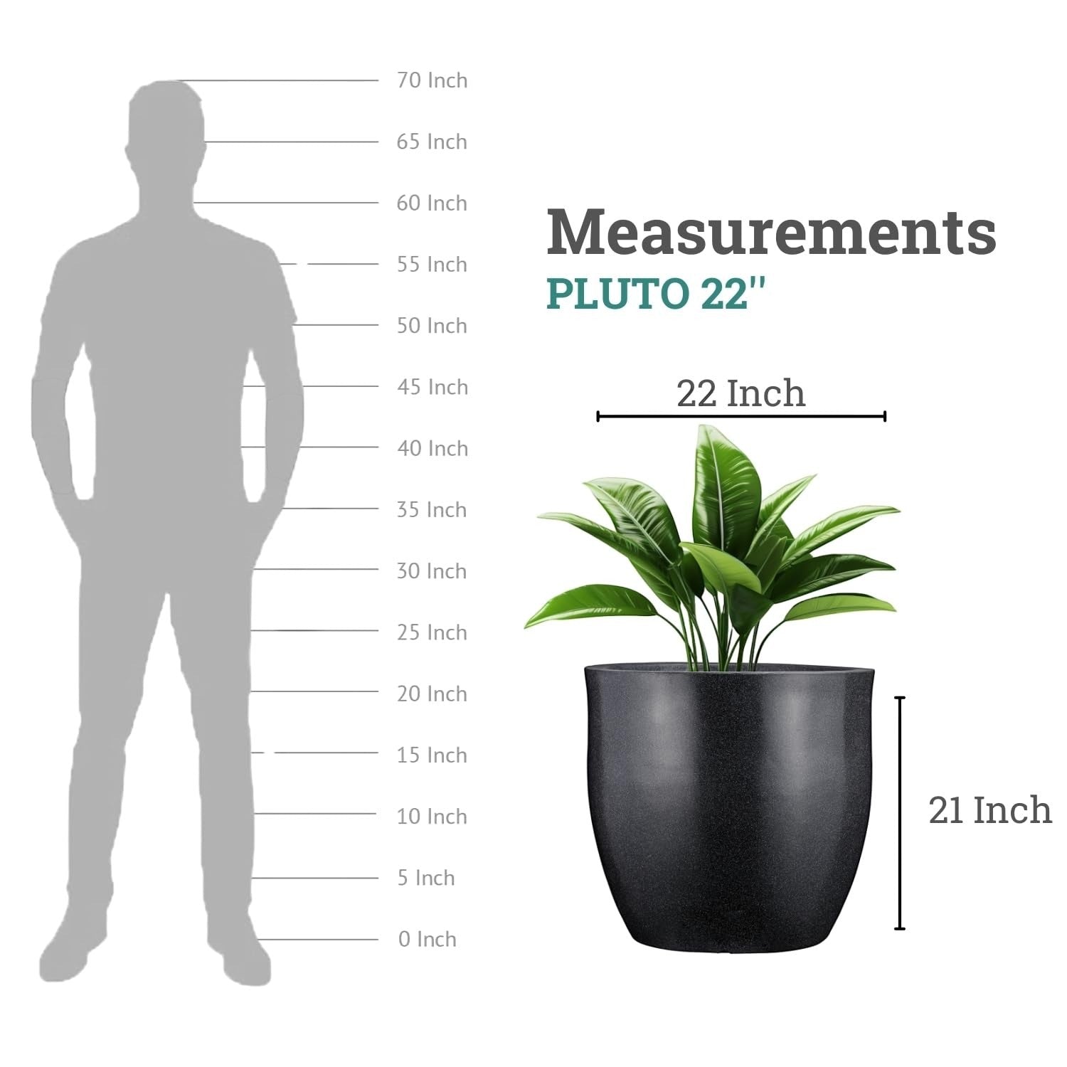 Go Hooked Pluto Pot, a 22-inch black polymer planter with a modern round design, shown next to a silhouette for scale.