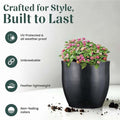 GoHooked 17-inch black polymer planter pot with a modern, round design and a flowering plant.