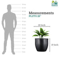 GoHooked Pluto 20-inch black polymer planter pot with a modern round design and drainage hole. Shown next to a silhouette for scale.