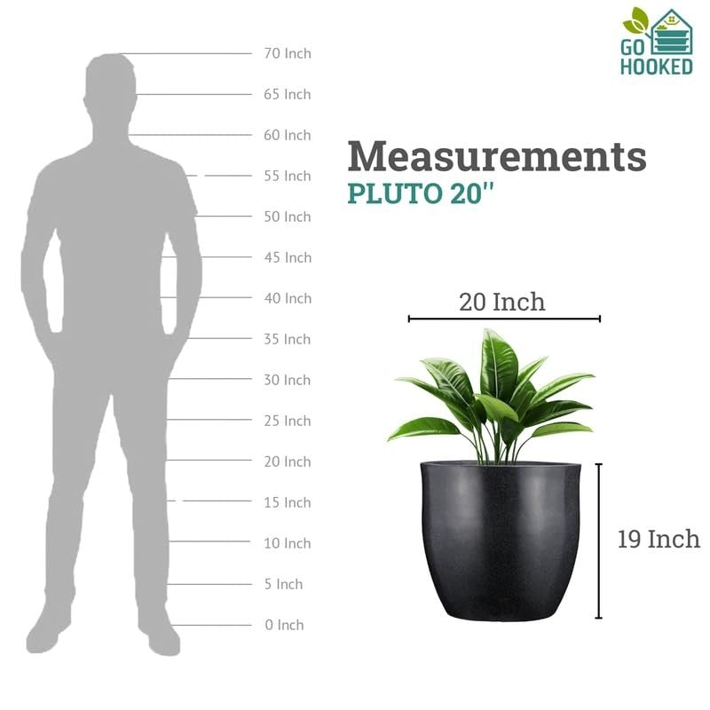 GoHooked Pluto 20-inch black polymer planter pot with a modern round design and drainage hole. Shown next to a silhouette for scale.