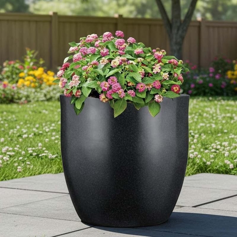 GoHooked 22-inch black polymer planter pot with pink flowers, modern round design, lightweight and durable.