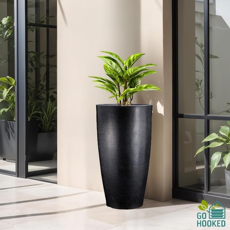 GoHooked 24-inch tall black polymer planter pot with a modern design and textured finish, featuring a drainage hole.