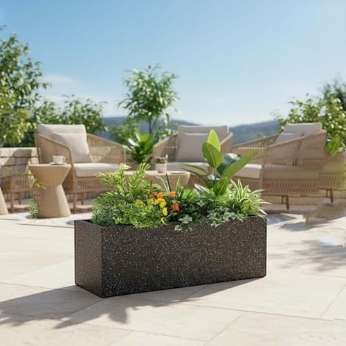 GoHooked Recta R black speckled polymer planter pot with drainage, 24x10 inches, for outdoor and indoor plants.