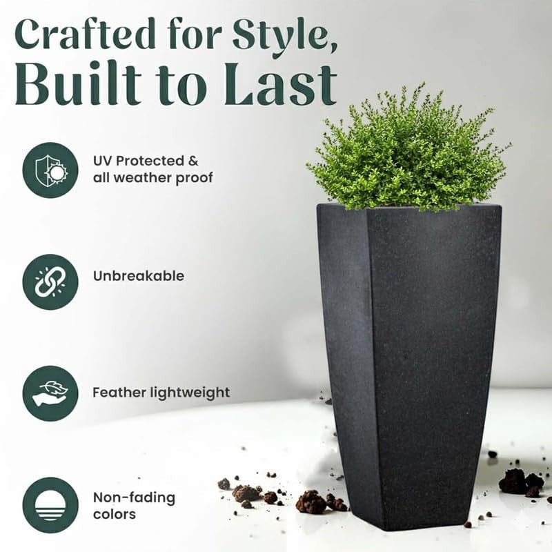 GoHooked black polymer planter pot, 26 inch, tall, tapered design, with a green plant. UV protected, unbreakable, lightweight.