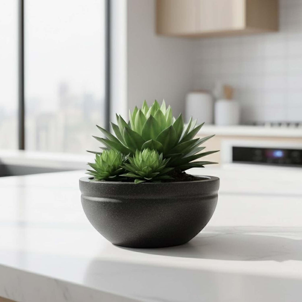 GoHooked black polymer lotus bowl planter with drainage option, 31 inch, for indoor/outdoor use.