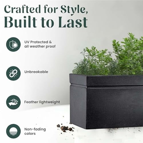 GoHooked black polymer rectangular planter pot, 36 inches, modern design, lightweight, durable, UV protected, unbreakable.