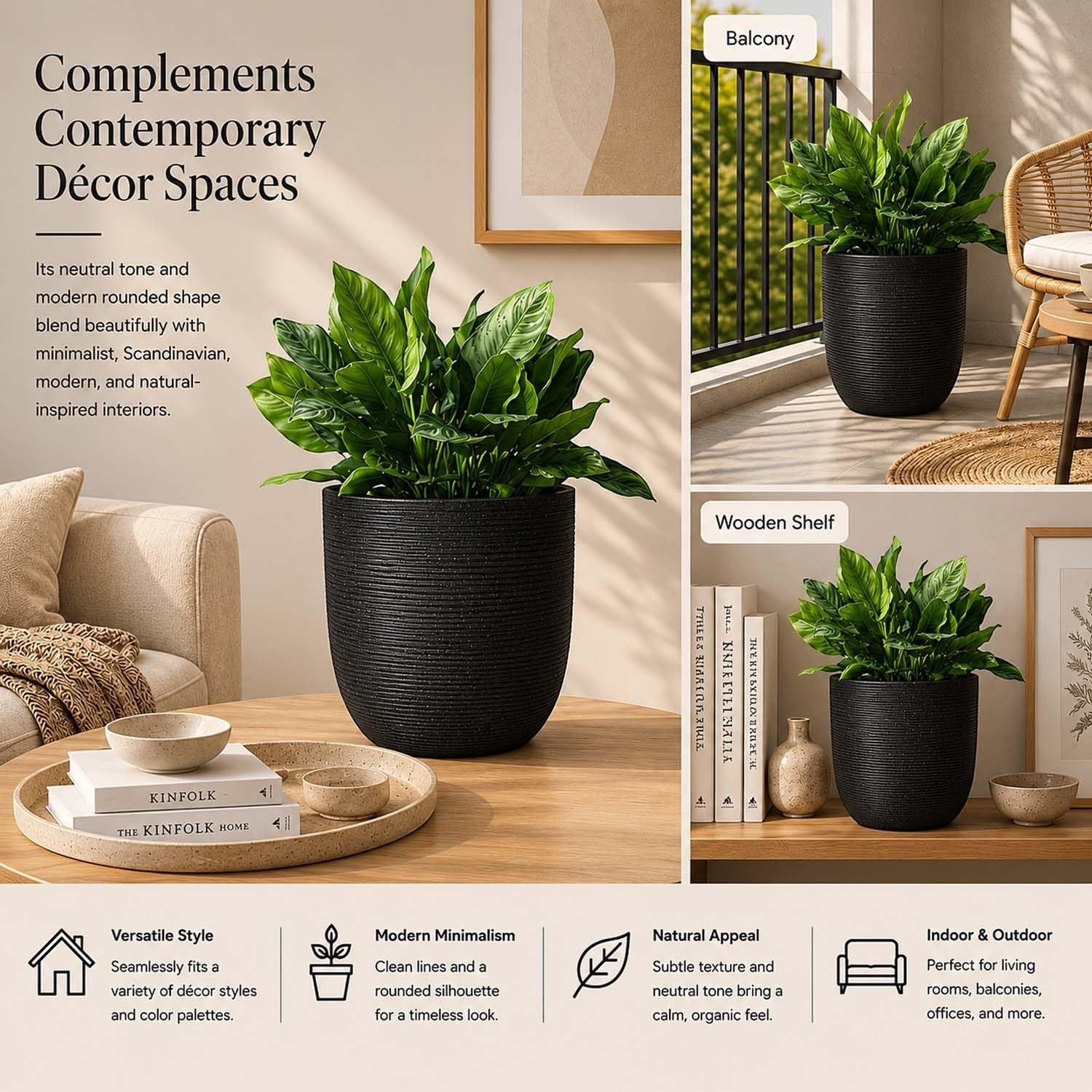 Go Hooked 18-inch black ribbed polymer planter pot with a rounded shape, perfect for indoor or outdoor plants.