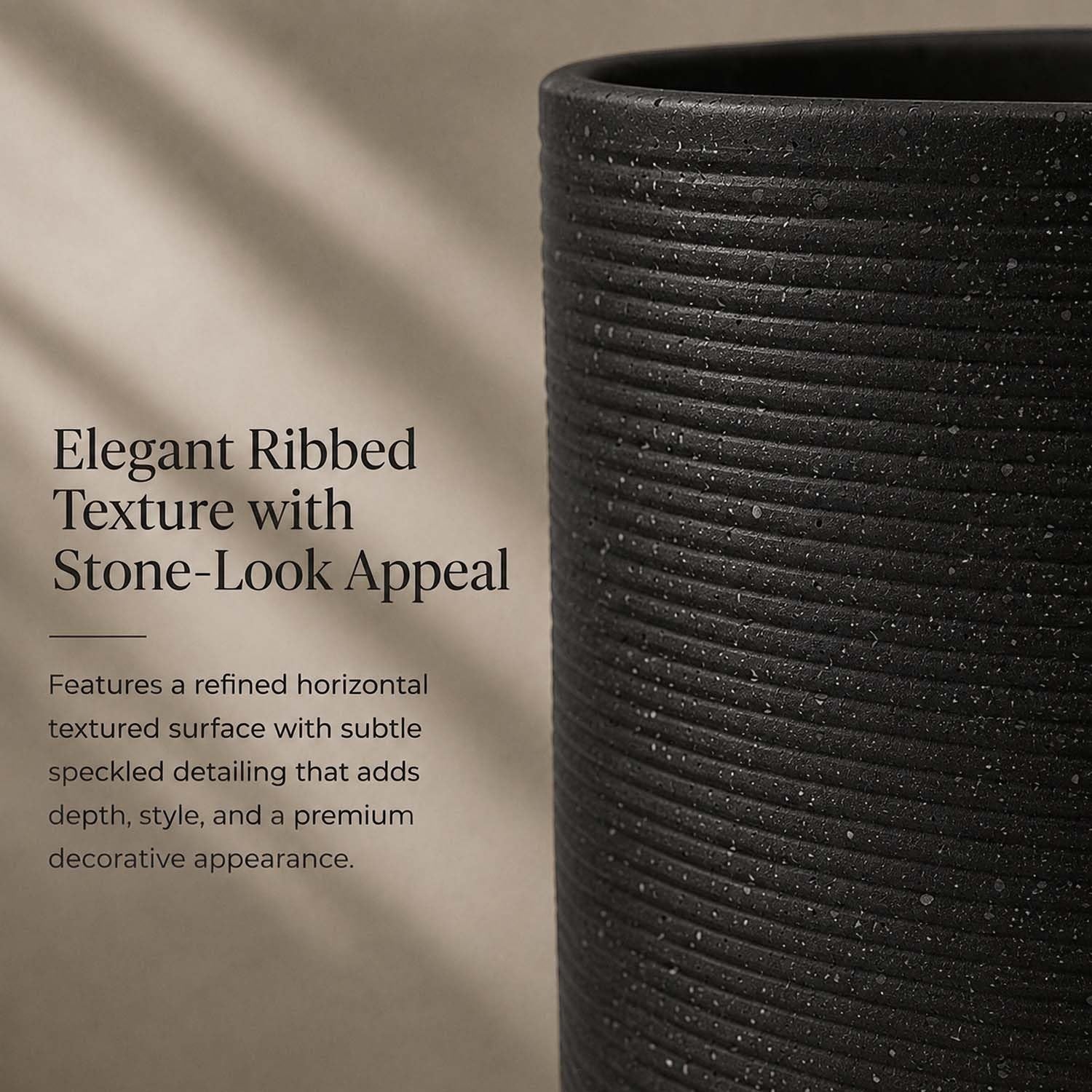 GoHooked 18-inch black polymer planter pot with elegant ribbed texture and speckled detailing.