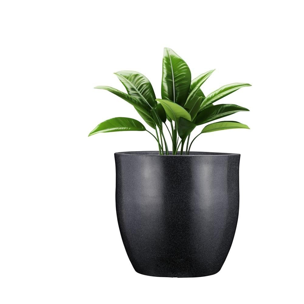 GoHooked 24-inch black polymer planter pot with a modern, round design and a speckled finish. Ideal for indoor or outdoor use.